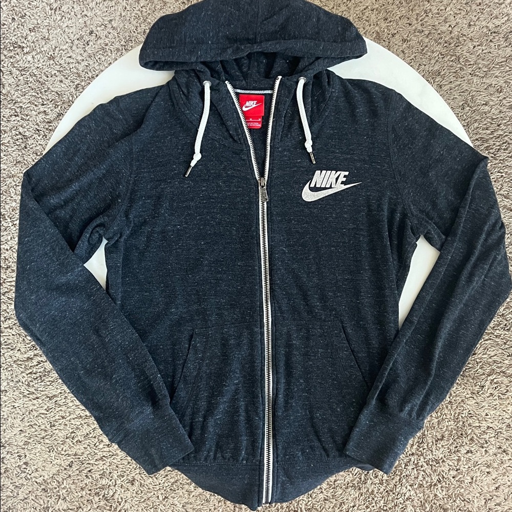 Nike Zip-Up Hoodie Medium Charcoal Heather Gray Drawstrings Pockets White Logo